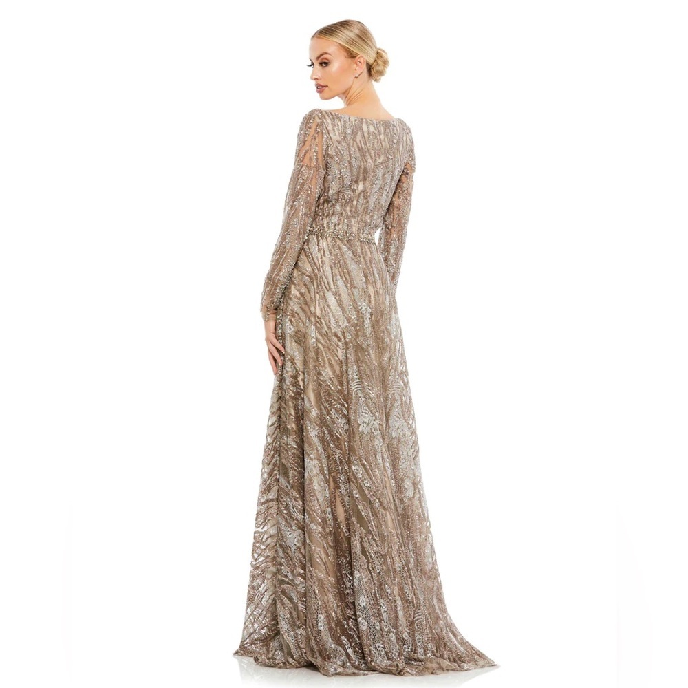 Mac Duggal Sequin Beaded Long Sleeve BATEAU A Line Gown Mocha Elegant Wedding